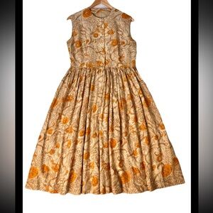 VNTG Handmade Orange Floral 50s Button Full Skirt Handmade No Size HOLES